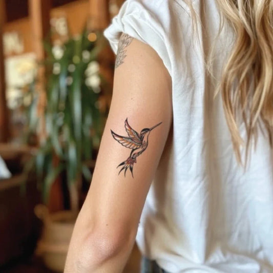 aztec hummingbird bicep temporary tattoo idea design