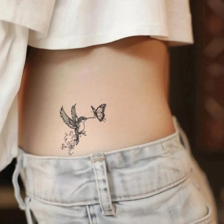 hummingbird and butterfly waist temporary tattoo idea design