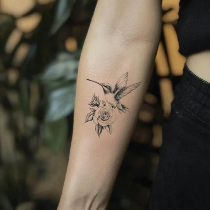 hummingbird and rose forearm temporary tattoo idea design