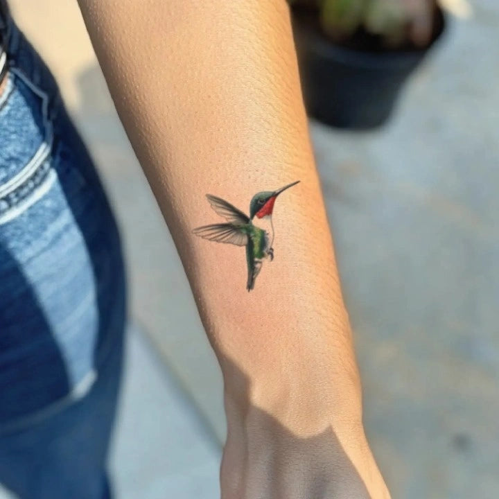 realistic hummingbird forearm temporary tattoo idea design