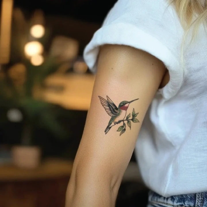 traditional hummingbird bicep temporary tattoo idea design