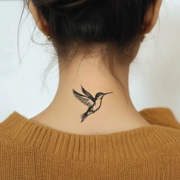 simple hummingbird minimalist neck temporary tattoo idea design