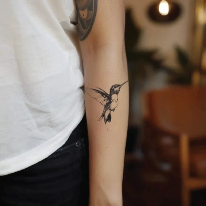 black and white hummingbird forearm temporary tattoo idea design