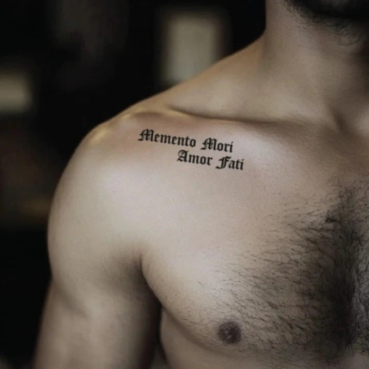 memento mori amor fati shoulder temporary tattoo font idea design