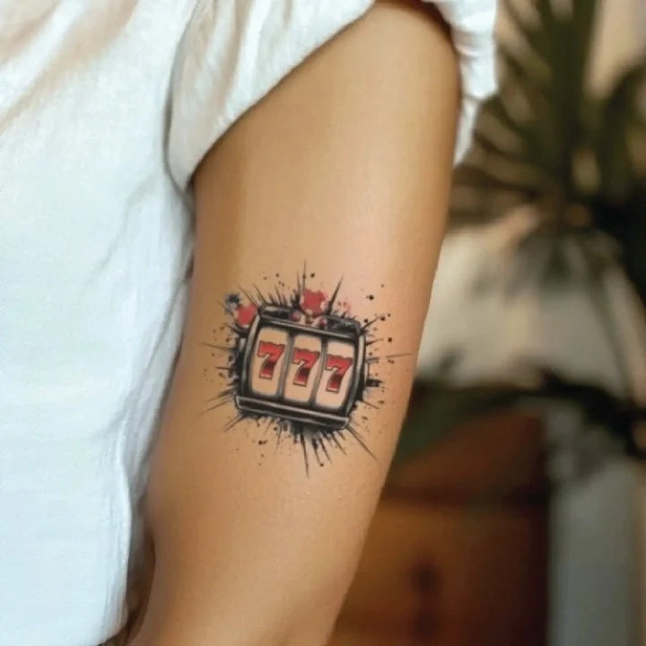 777 jackpot bicep temporary tattoo idea design