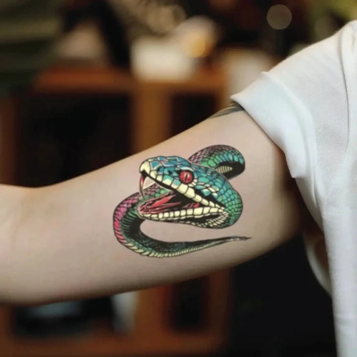 neo traditional snake bicep temporary tattoo idea design