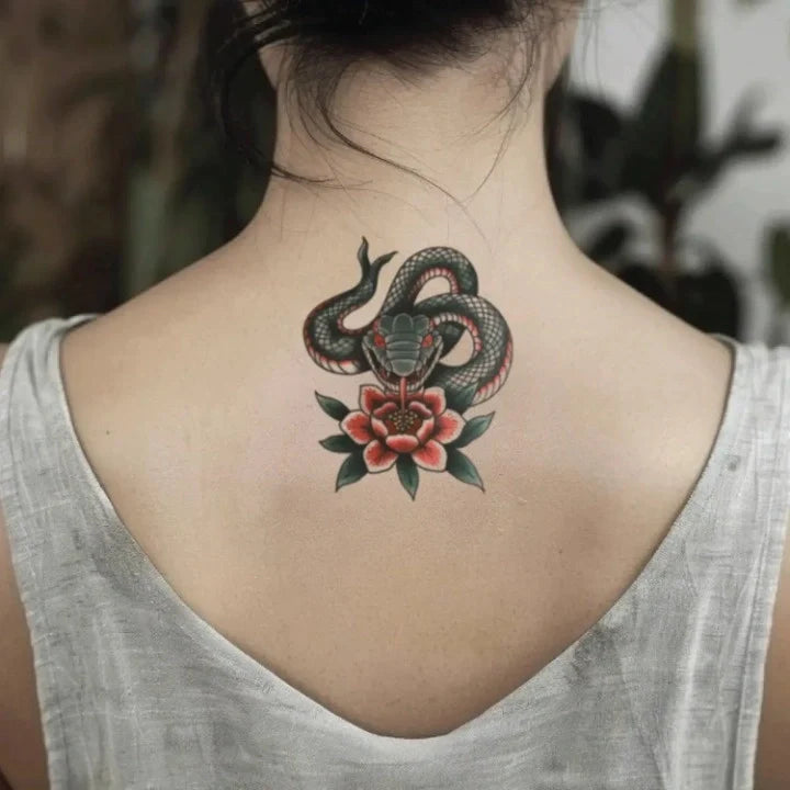 traditional japanese snake flower neck temporary tattoo idea design