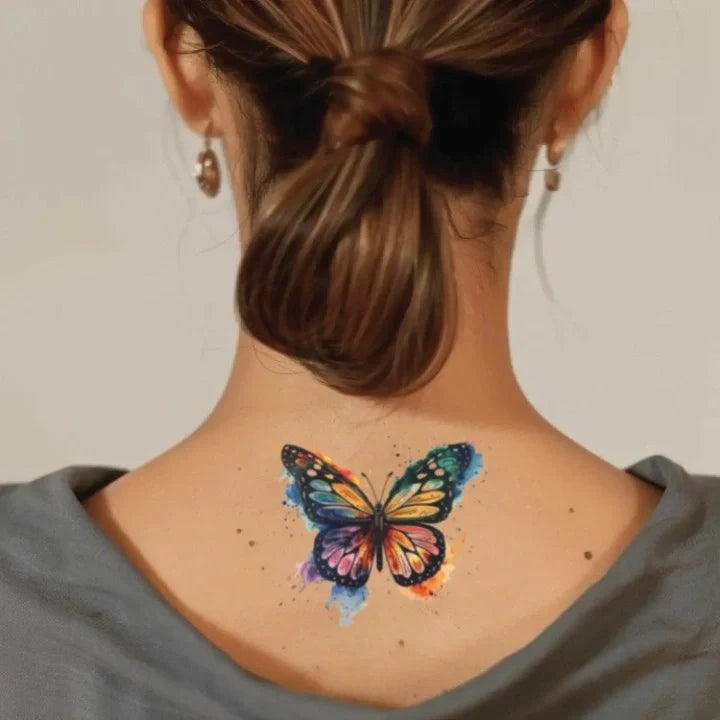 colorful butterfly neck temporary tattoo idea design