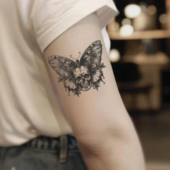 skull butterfly bicep temporary tattoo idea design