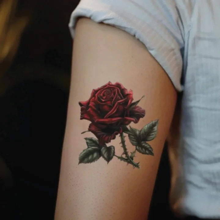 realistic rose bicep temporary tattoo idea design