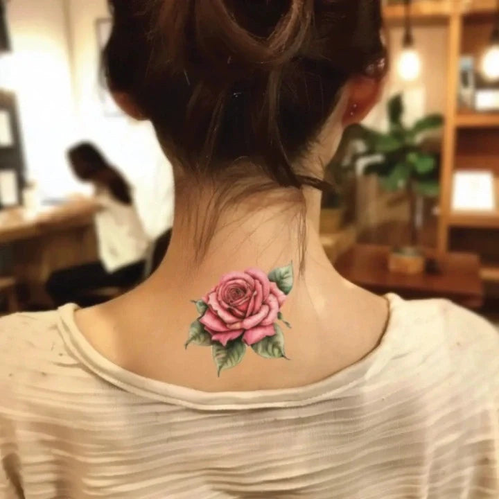 pink rose neck temporary tattoo idea design