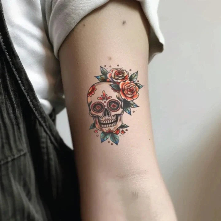 sugar skull rose flower bicep temporary tattoo idea design