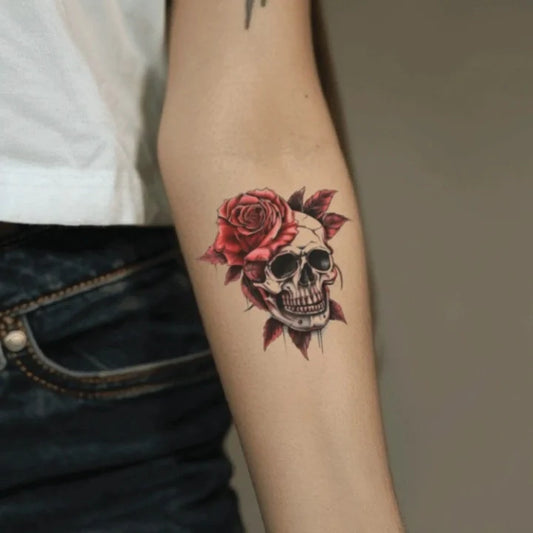 rose skull forearm temporary tattoo idea design