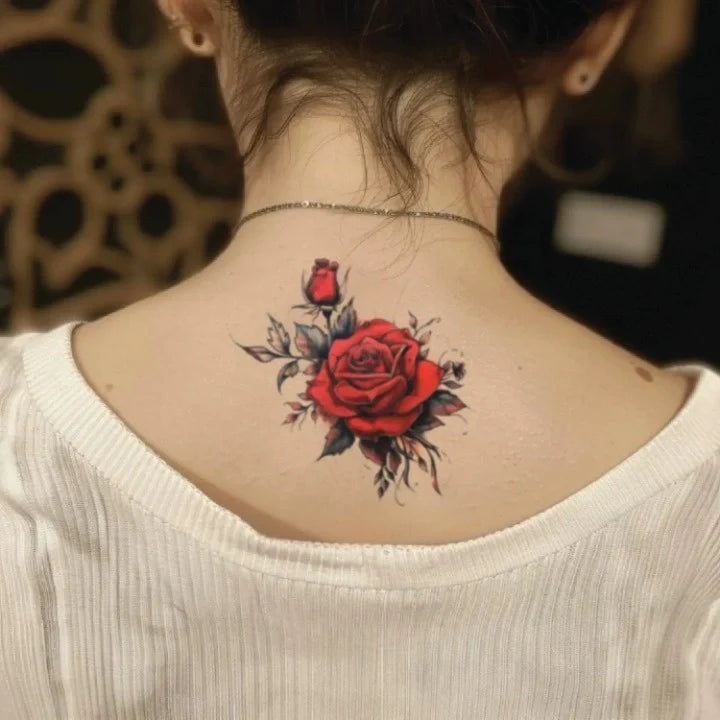 red rose neck temporary tattoo idea design