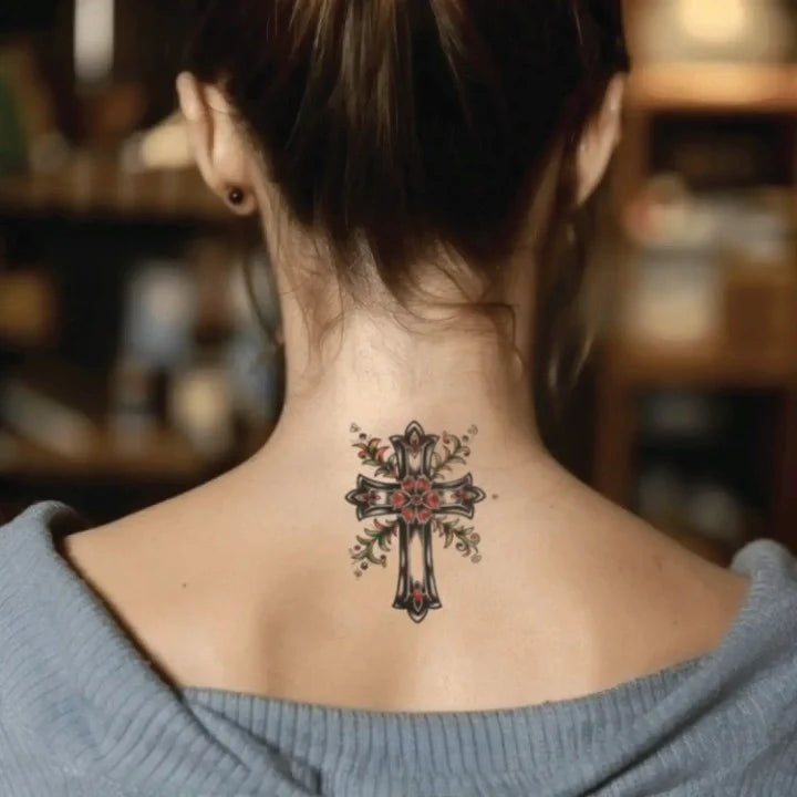 traditional gothic cross neck temporary tattoo idea design