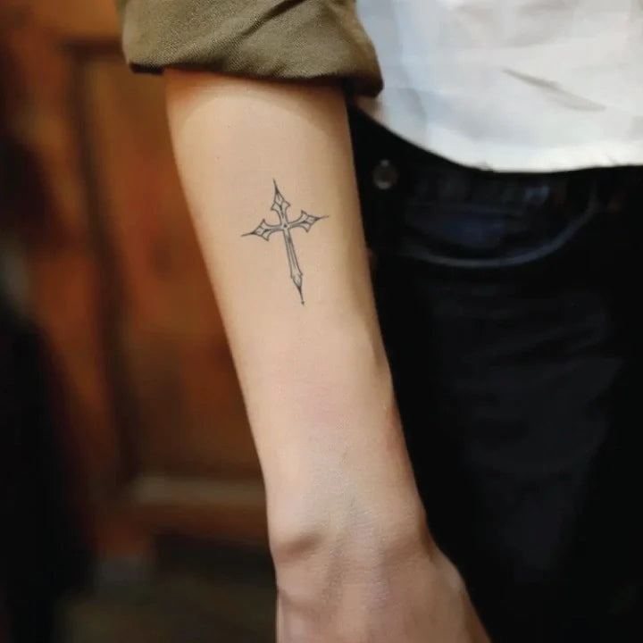simple cross forearm temporary tattoo idea design