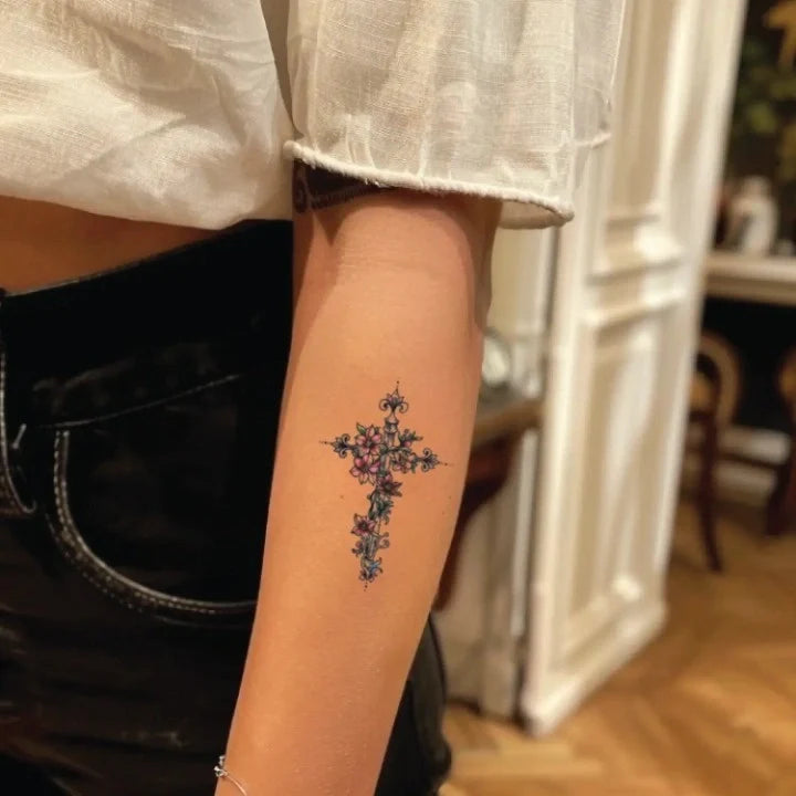 flower cross forearm temporary tattoo idea design