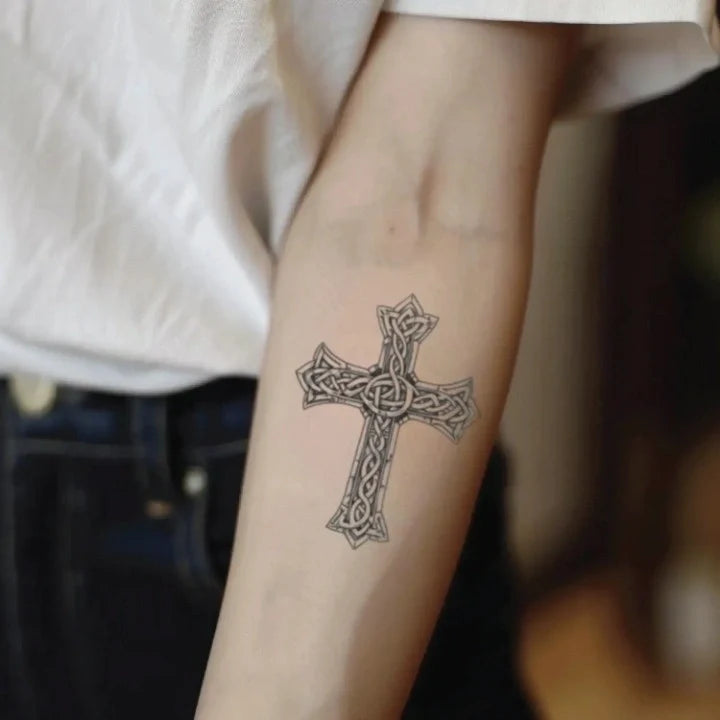 celtic cross forearm temporary tattoo idea design