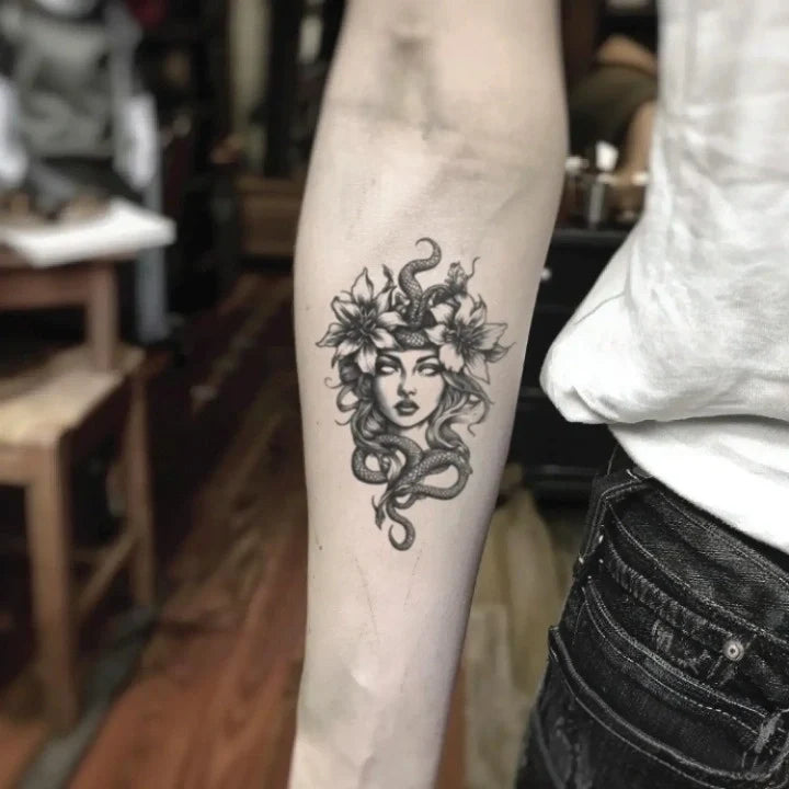 medusa flower forearm temporary tattoo idea design
