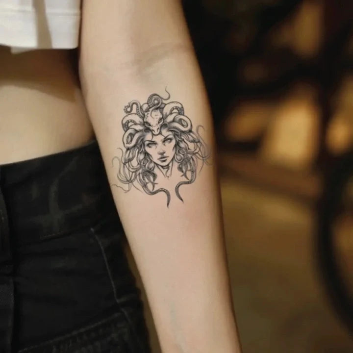 simple medusa outline forearm temporary tattoo idea design