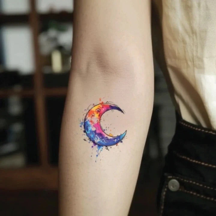 colorful moon forearm temporary tattoo idea design