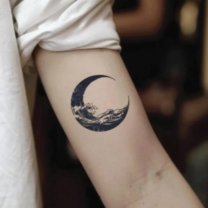 japanese great wave moon bicep temporary tattoo idea design