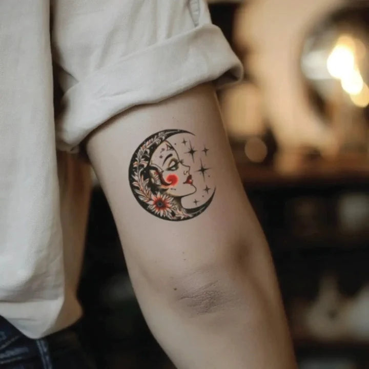 traditional moon bicep temporary tattoo idea design