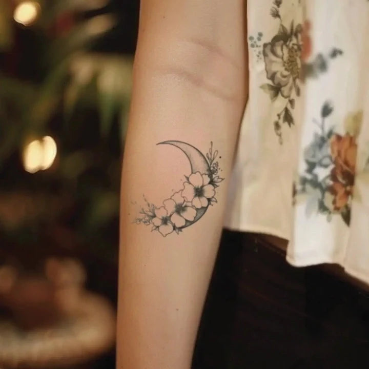 flowers moon forearm temporary tattoo idea design