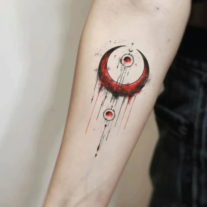 geometric red moon forearm temporary tattoo idea design