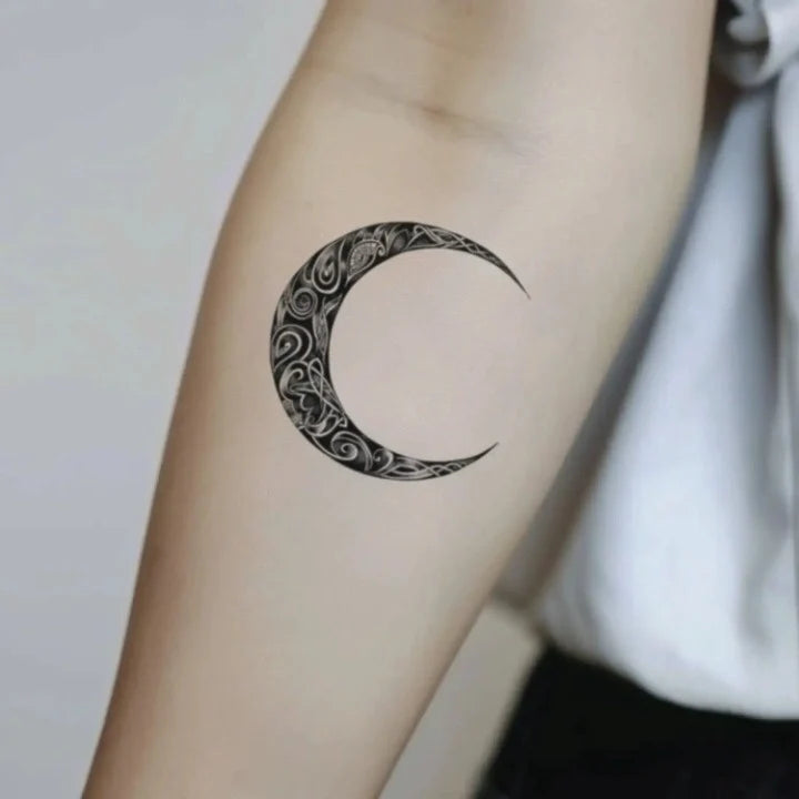 tribal celtic moon forearm temporary tattoo idea design