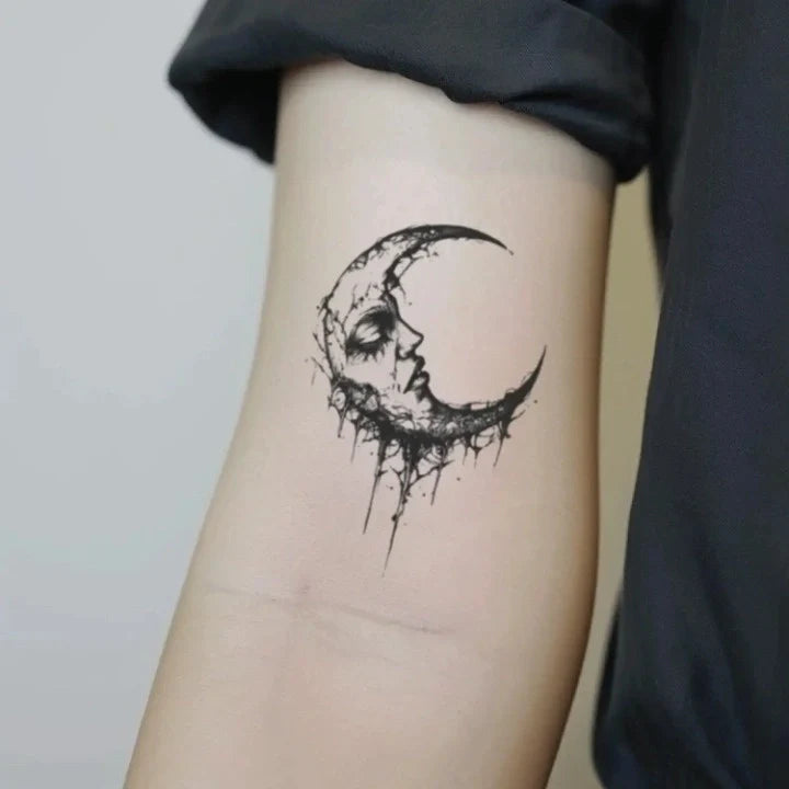 gothic moon bicep temporary tattoo idea design