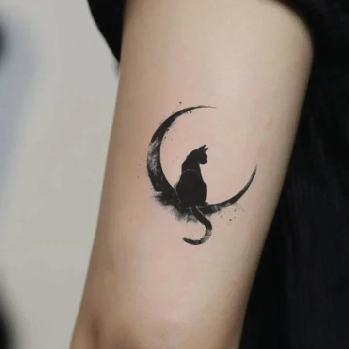 black cat moon bicep temporary tattoo idea design