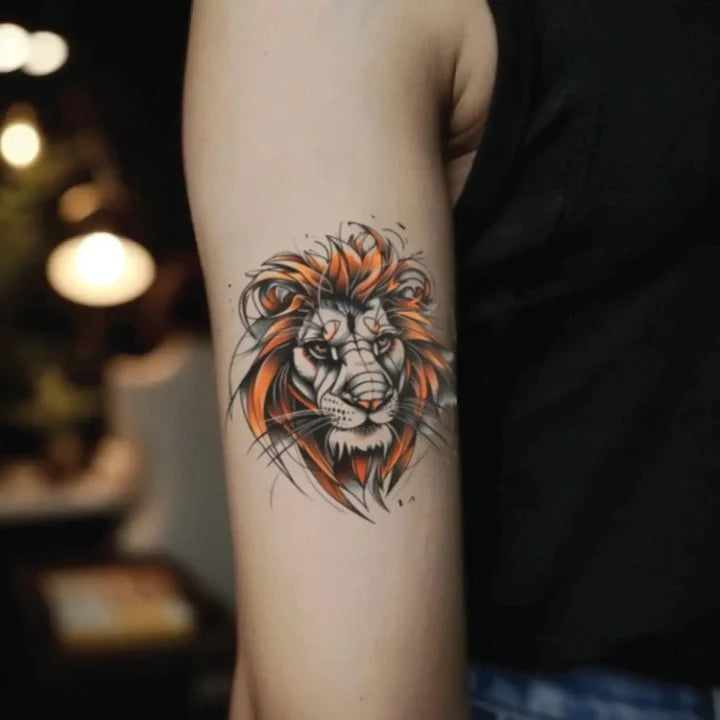 neo traditional lion bicep temporary tattoo idea design