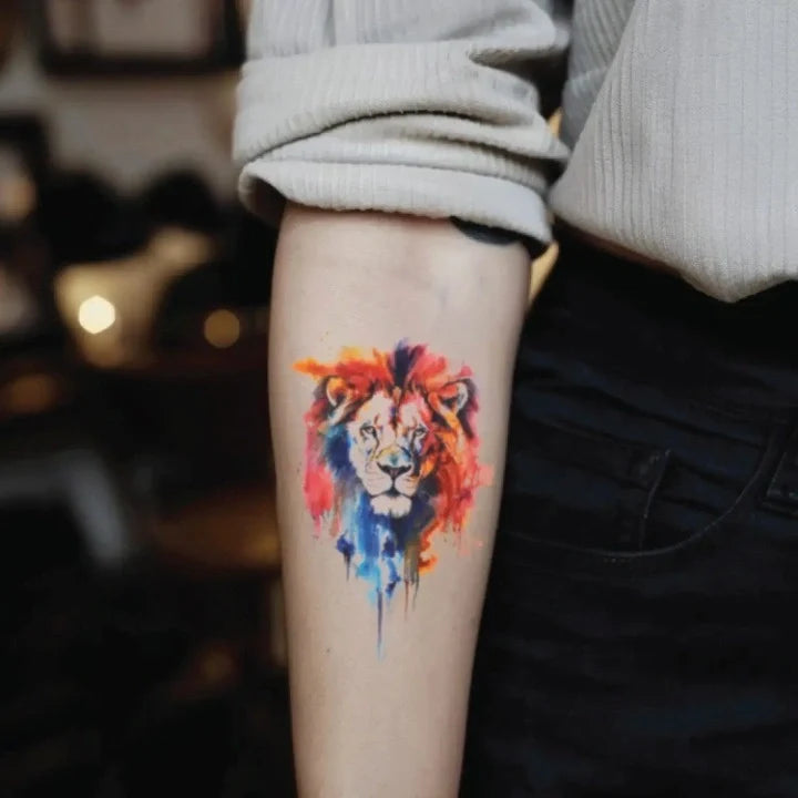 colorful lion forearm temporary tattoo idea design