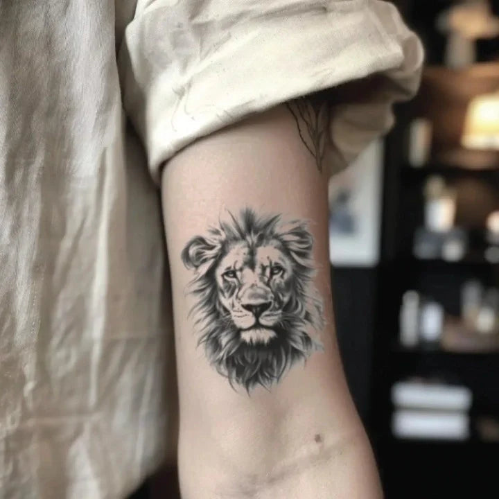 realistic lion bicep temporary tattoo idea design