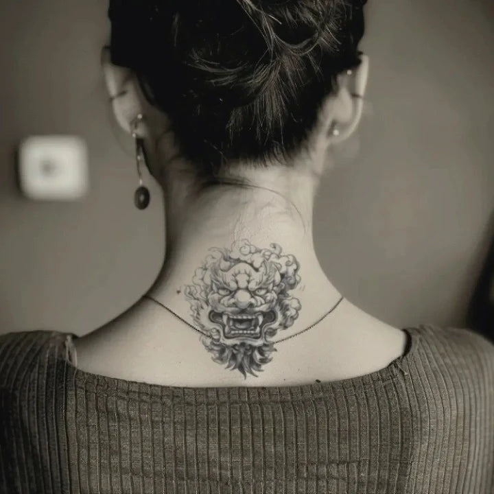 chinese lion neck temporary tattoo idea design