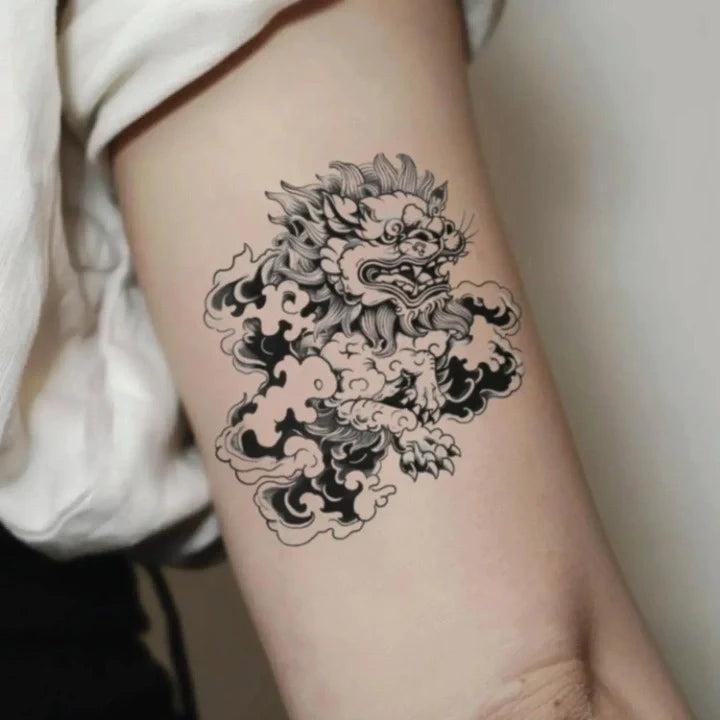 japanese lion bicep temporary tattoo idea design
