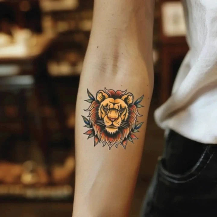 traditional lion forearm temporary tattoo idea design
