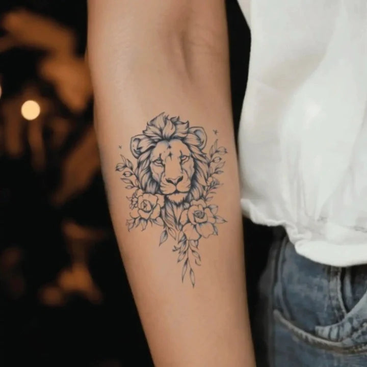 lion flowers forearm temporary tattoo idea design