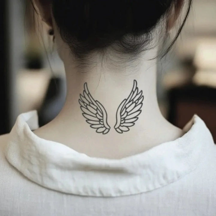 simple minimal angel wing outline neck temporary tattoo idea design