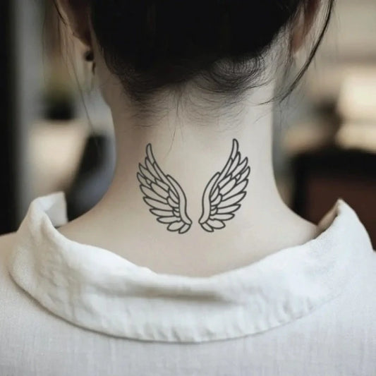 simple minimal angel wing outline neck temporary tattoo idea design