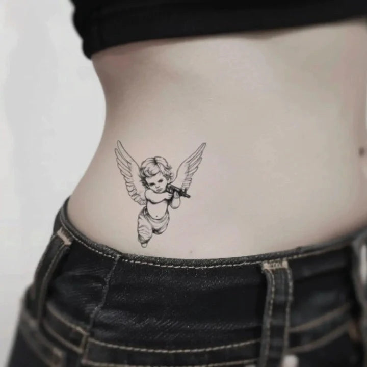 cherub angel baby with ak47 gun waist temporary tattoo idea design