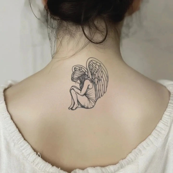 simple angel outline neck temporary tattoo idea design