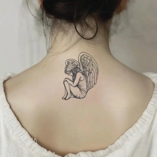 simple angel outline neck temporary tattoo idea design