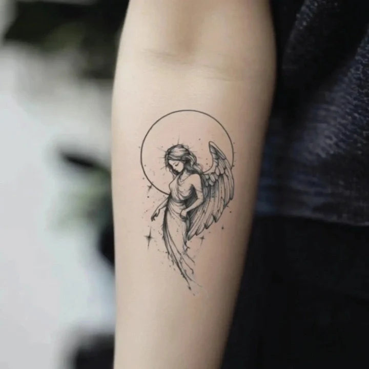 simple geometric angel forearm temporary tattoo idea design