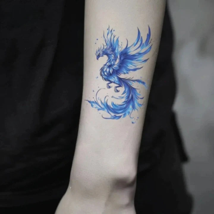 blue phoenix forearm temporary tattoo idea design