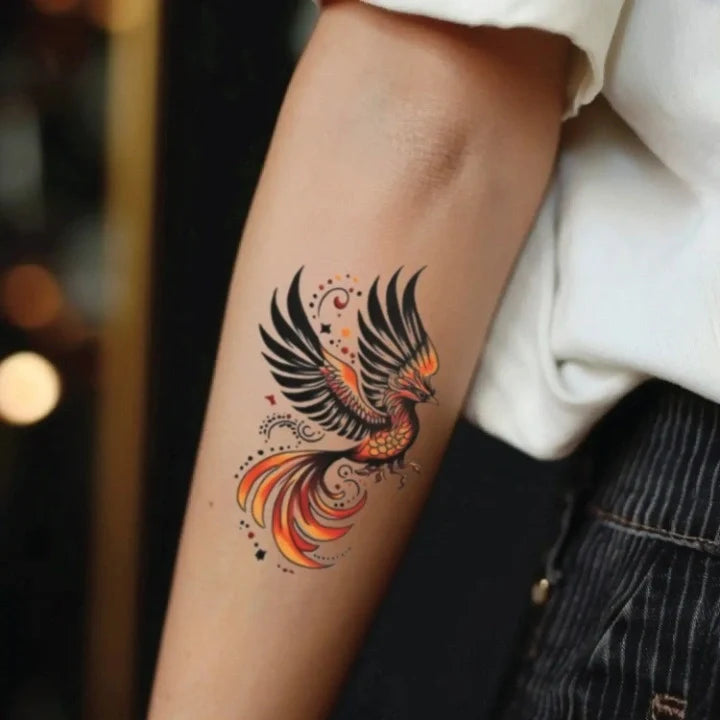 neo traditional phoenix forearm temporary tattoo idea design