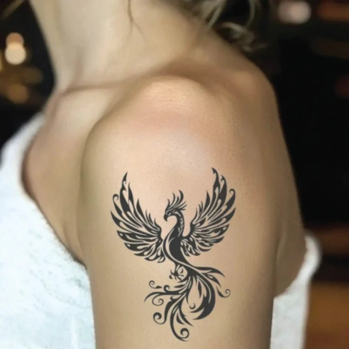 tribal phoenix bicep temporary tattoo idea design
