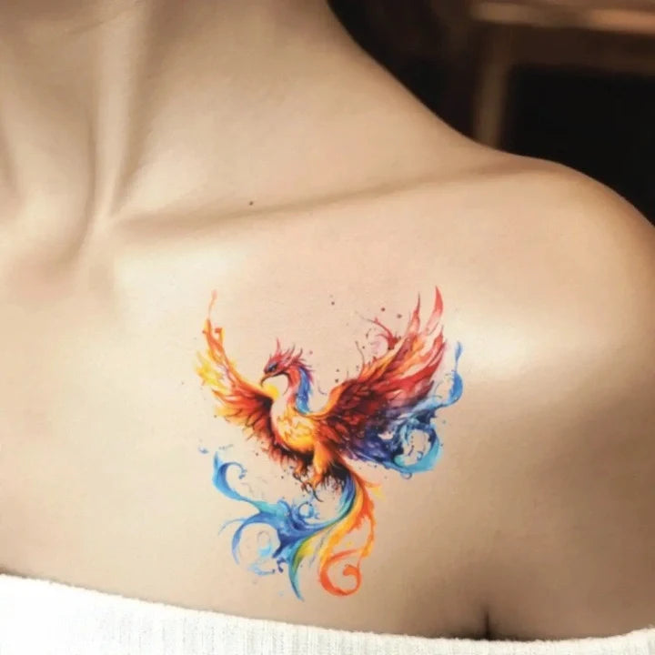 watercolor phoenix shoulder temporary tattoo idea design