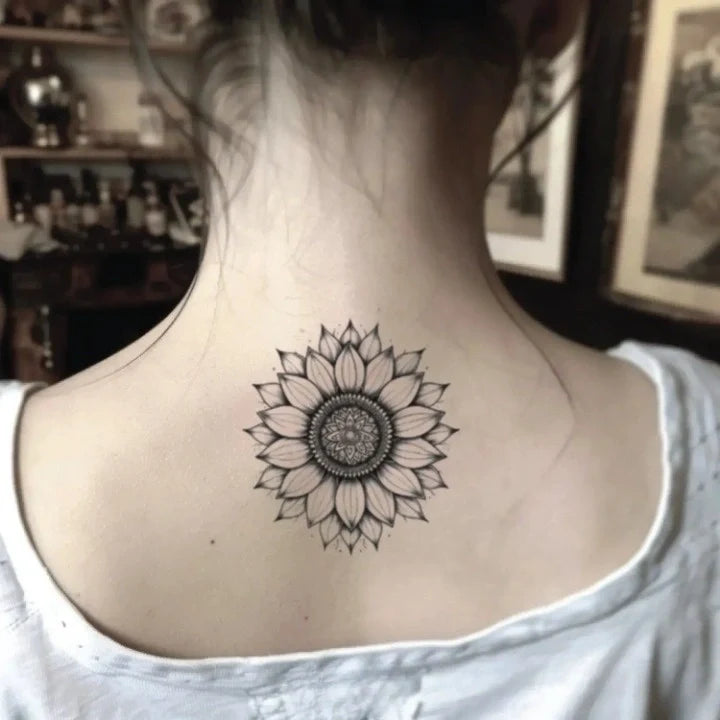 mandala sunflower neck temporary tattoo idea design